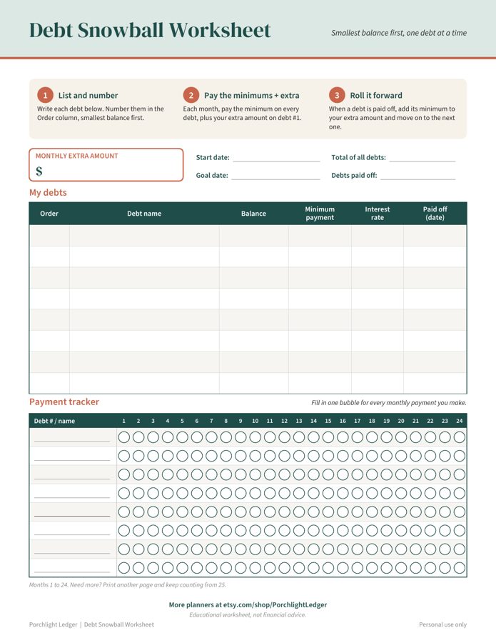 Preview of the free one-page Debt Snowball Worksheet