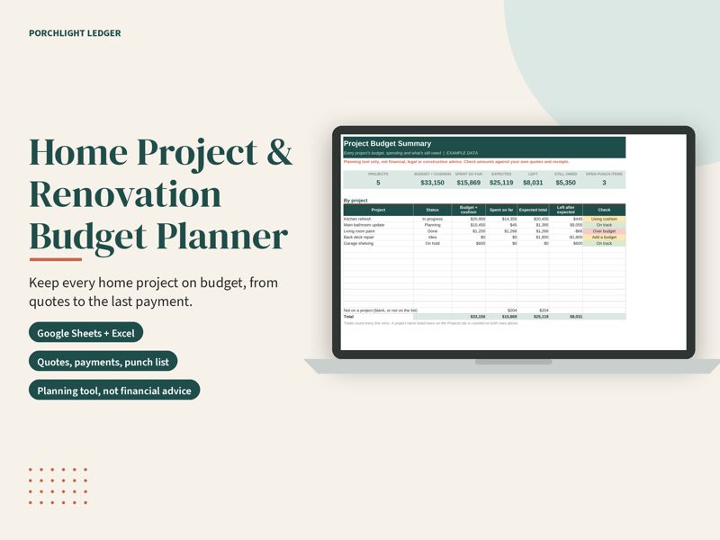Home Renovation Budget Planner mockup