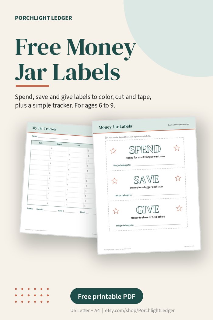 Preview of the free Money Jar Labels: Spend, Save and Give labels and the My Jar Tracker