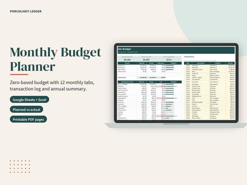 Monthly Budget Planner mockup