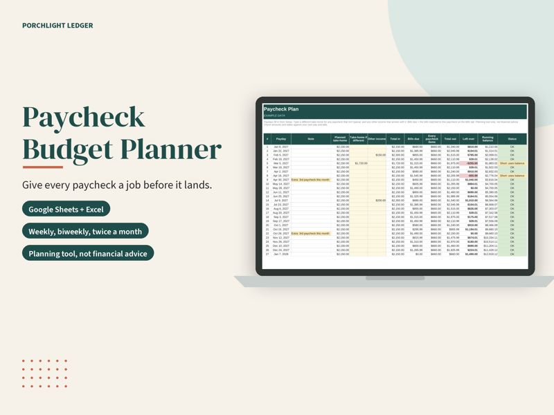 Paycheck Budget Planner mockup